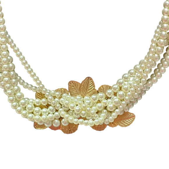 Faux Pearl Statement Necklace Multi Strand Cream Enamel Flowers Gold Tone Leaves - Picture 5 of 7